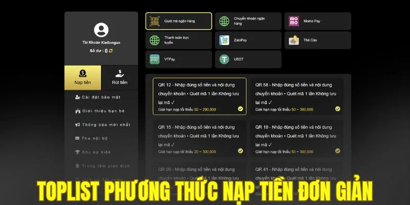 Toplist phương thức nạp tiền đơn giản